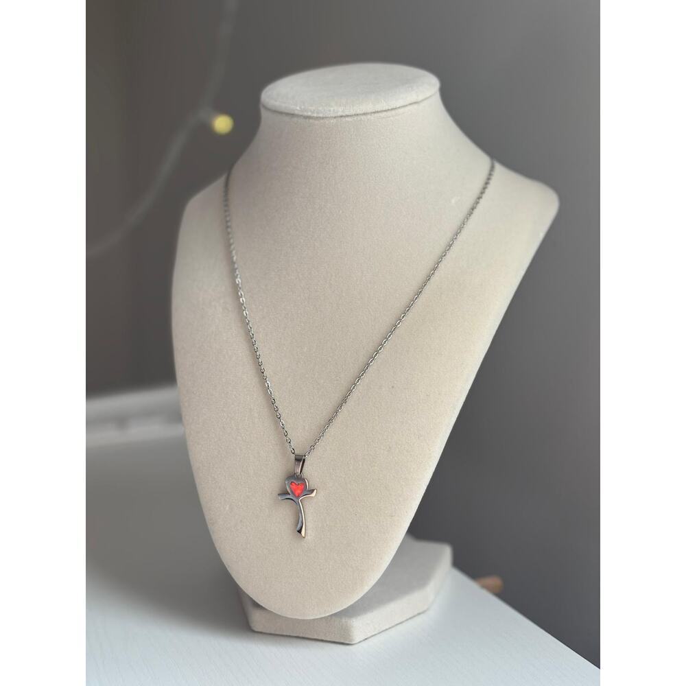 Cross Necklace Red Heart Pendant Silver Stainless Steel Minimal Jewelry - Picture 2 of 6